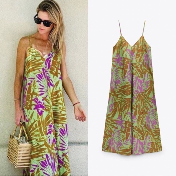 NWT ZARA Linen Floral Green Maxi Dress XS - Picture 1 of 8
